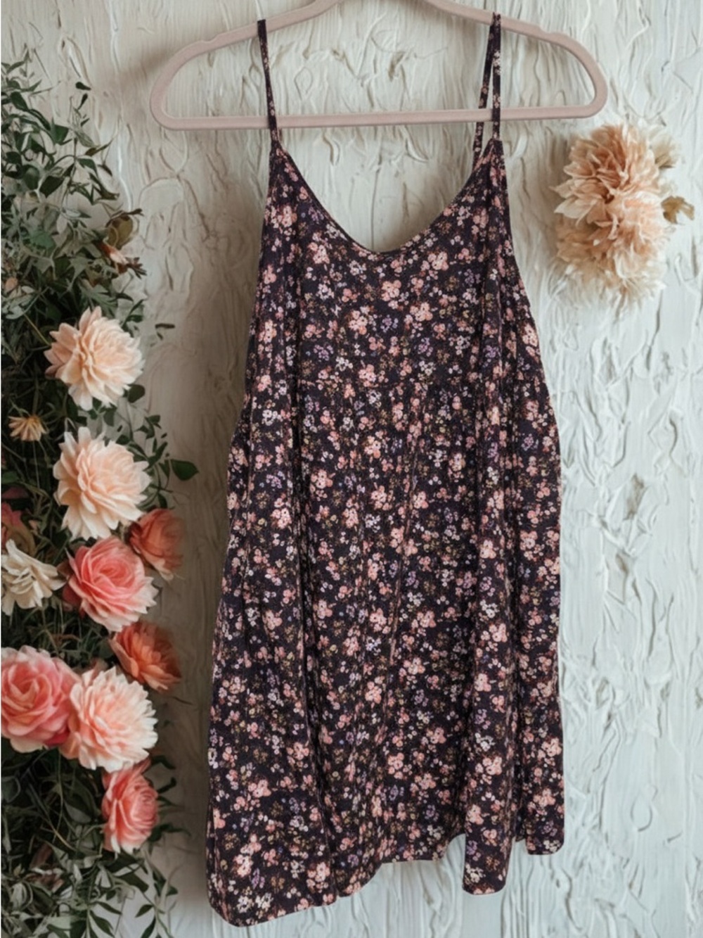 Floral cotton texture adjustable Strap Sundress mini with pockets grunge goth